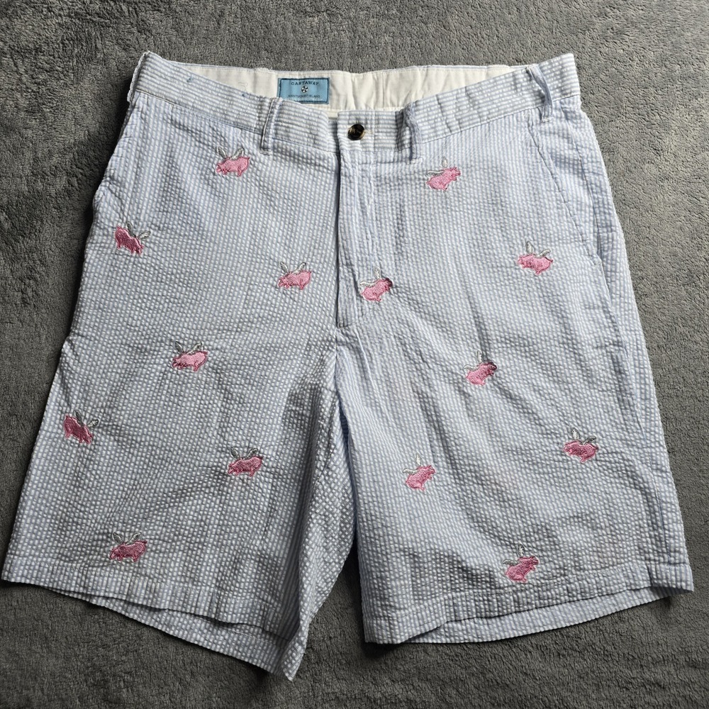 Castaway Nantucket Island Seersucker Shorts Mens 33 Blue Striped Flying Pigs